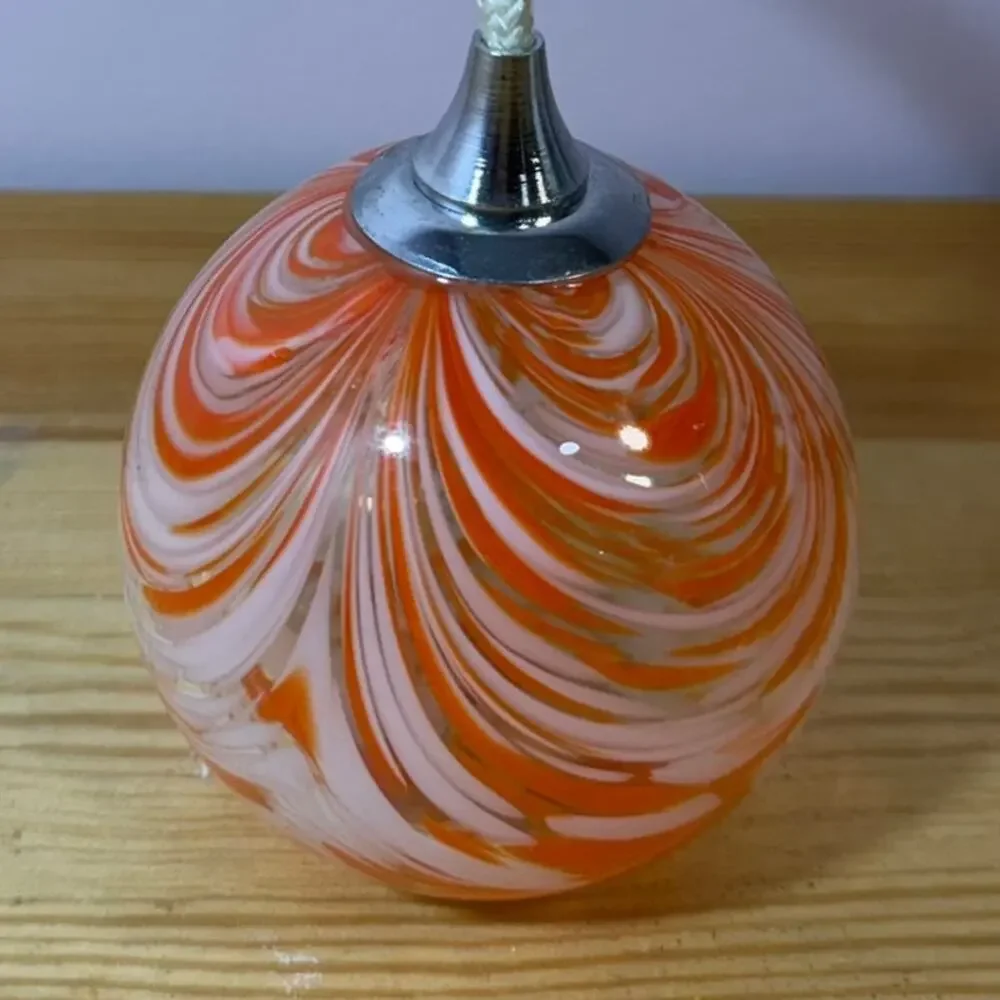 Vintage Hand Blown Art Glass Oil Lamp Orange White Swirl Mini Spirit Lamp